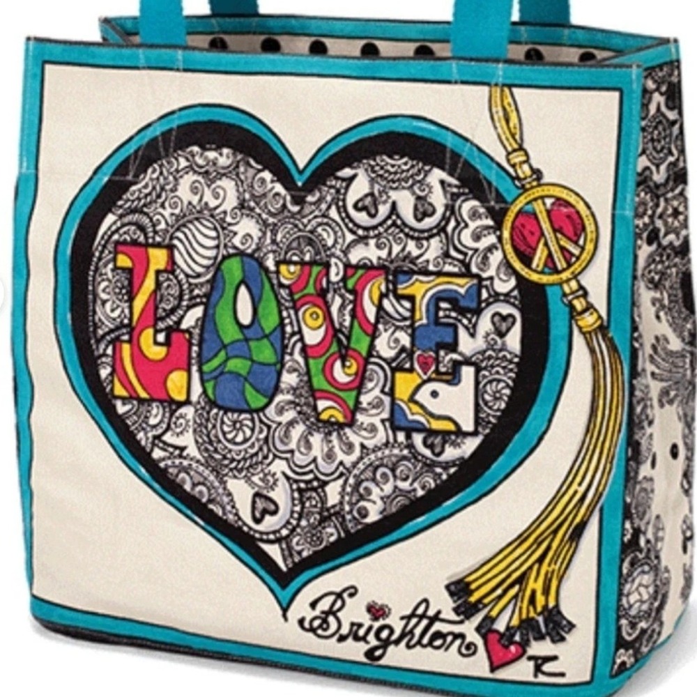 Brighton Love Heart Canvas Tote Bag Teal Blue Artistic Paisley Boho Handbag - Picture 3 of 3